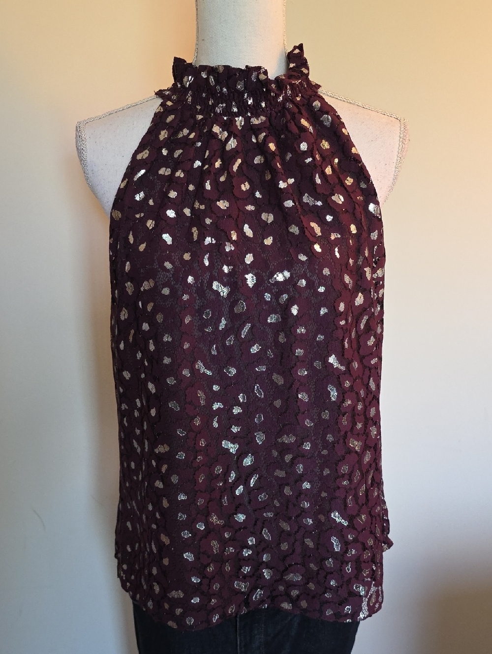 White House Black Market Burgundy Metallic Spot Halter Top